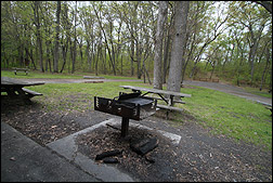large charcoal grill and additional picnic tables