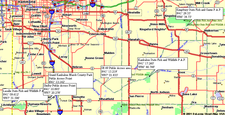 Overview map of Kankakee River in Indiana. Maps of river and Maps to public 