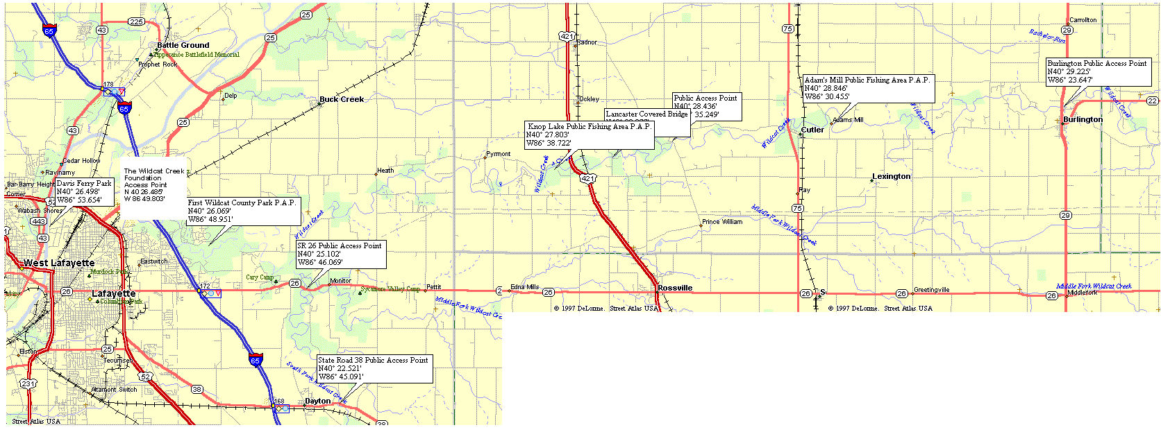 Overview map of Wildcat Creek in Indiana. Maps of river and Maps to