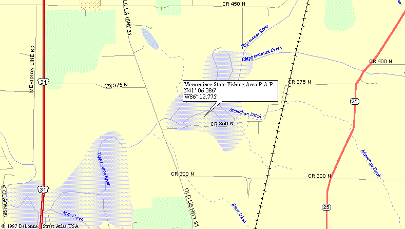 Map to Menominee public access boat launch point on Tippecanoe River in  Indiana.