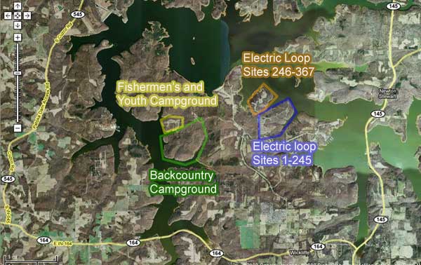 satellite map of Patoka Lake camping in Newton-Stewart SRA